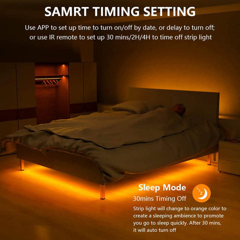 Bedroom setting with RGBW Under Cabinet Lighting Kit With App And Remote Control 6 PCS LED Strip Lights illuminating under bed