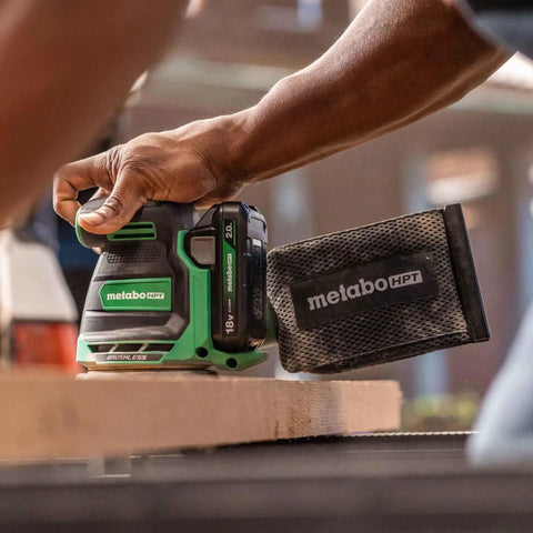 18V Cordless 5 Inch Random Orbital Sander With Top Notch Dust Collection in use, sanding wood, ergonomic design, body only model