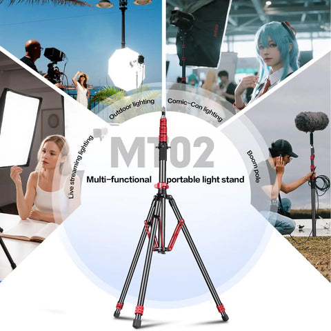 Pro Grade Aluminum Light Stand and Tripod for Photography Adjustable 24 to 102 Inches with multiple lighting setups shown