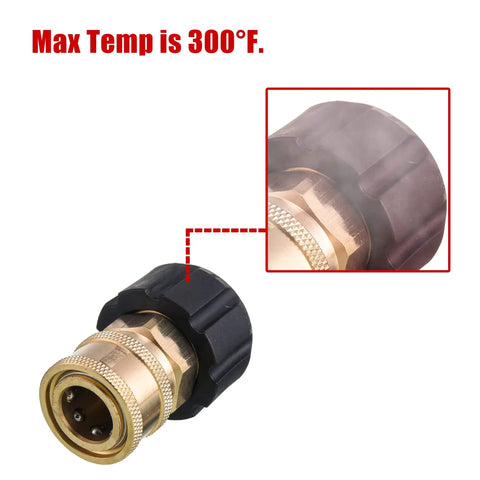 Close-up of a Pressure Washer Quick Connect Adapter Three Eighths Inch Socket To M22 14mm Fitting, brass, max temp 300°F