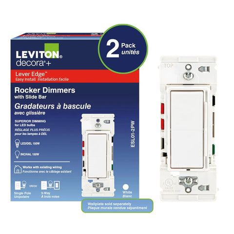 Smooth Ride Rocker Dimmer Switch For LEDs And Incandescents 150 Watt Single Pole Or Three Way Two Pack White on packaging.
