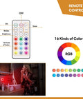 Remote control for rechargeable puck lights with 16 color options and brightness settings, woman using pink LED light in mirror