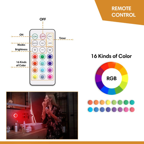 Remote control for rechargeable puck lights with 16 color options and brightness settings, woman using pink LED light in mirror