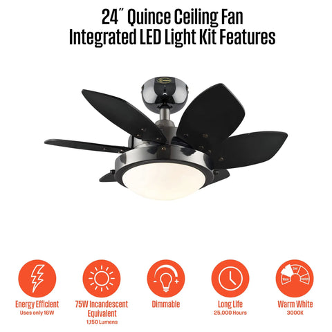Quince 24 Inch LED Ceiling Fan with Light in Gun Metal, Reversible Black and Graphite Blades, Ideal for Small Rooms