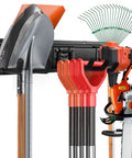 Heavy Duty Garage Wall Organizer Rack Kit with shovels, rake, trimmer mounted on aluminum panels with mop and multi-purpose hooks.