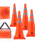 28 Inch Collapsible Traffic Safety Cones Pack Of 4 With Reflective Collar, ultra visible orange cones, bagged for storage