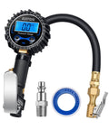 Digital Tire Pressure Gauge With Inflator And Heavy Duty Air Chuck Rubber Hose And Quick Connect For Cars And Trucks All In One Tool Accurate To 1 Percent 3-250 PSI Display Four Units Psi Bar Kpa Kg Cm2 Blue showing components