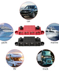 Heavy Duty Four Stud Power Distribution Block 250 Amp Bus Bar Junction With Weather Shield For Car Truck Rv Marine Boat displayed with vehicles.