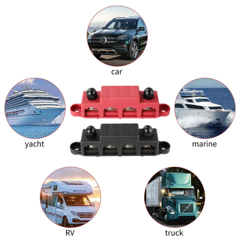 Heavy Duty Four Stud Power Distribution Block 250 Amp Bus Bar Junction With Weather Shield For Car Truck Rv Marine Boat displayed with vehicles.