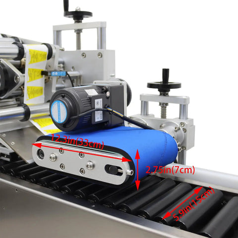 Heavy Duty Fully Automatic Desktop Conveyor Roller Horizontal Labeling Machine For Round Bottles Cans And Wine close-up of motor and roller dimensions