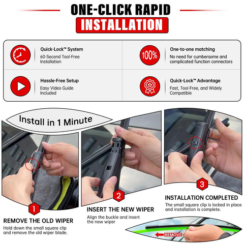 Atlas Windshield Wiper Blades Set installation guide for quick tool-free setup on 2018-2024 VW Atlas, featuring memory steel spring.