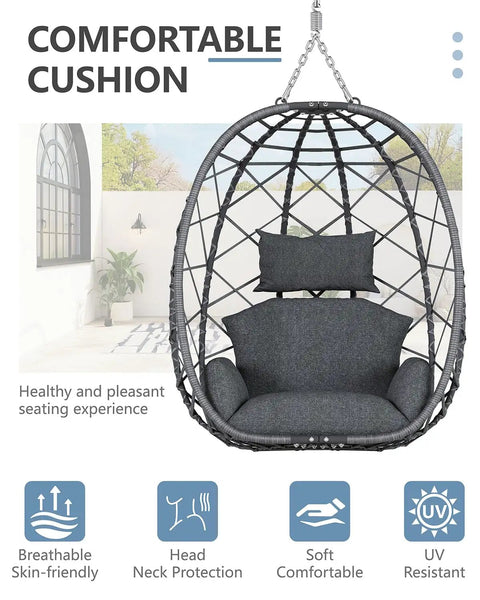Outdoor Hanging Egg Chair With Stand Wicker Rattan Swing Chair With Cushioned Comfort for Garden shown with grey cushion