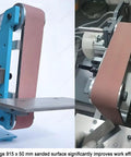 Heavy Duty Brushless Belt Sander And Polisher For Wood And Metal Vertical And Horizontal Bench Grinder With Kickass Steel Frame And 750W Motor Oomph For Slick Shop Smooth Finishes, showing large 915 x 50 mm sanding surface.