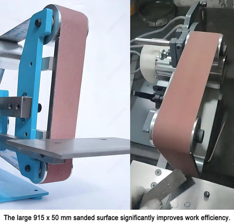 Heavy Duty Brushless Belt Sander And Polisher For Wood And Metal Vertical And Horizontal Bench Grinder With Kickass Steel Frame And 750W Motor Oomph For Slick Shop Smooth Finishes, showing large 915 x 50 mm sanding surface.