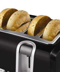4 Slice Toaster With Dual Control, Bagel, Reheat And Defrost Settings in use, toasting bagels, black and silver finish