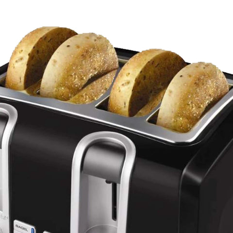 4 Slice Toaster With Dual Control, Bagel, Reheat And Defrost Settings in use, toasting bagels, black and silver finish