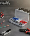 Super Cool 200 Piece Wire Ferrule Kit With Tinned Copper Crimp Connectors And Assorted Pre Insulated Electrical Tube Terminals Perfect For Stranded Wires Stored In A Handy Box, open kit