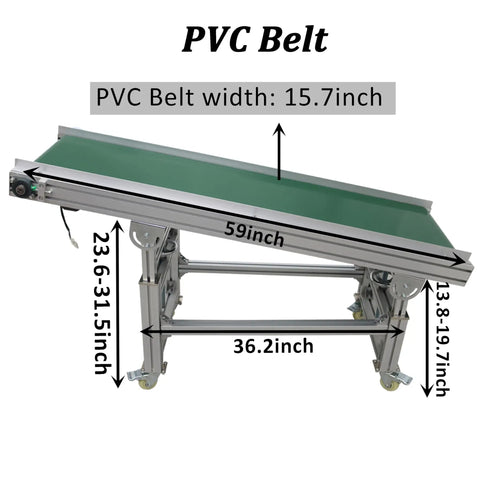 Inclined PVC Conveyor Belt System With Aluminum Frame, Motorized Drive, 59 Inch Length And 15.7 Inch Belt Width, Adjustable Height