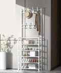 Three In One Tree Storage Bench With Industrial Shoe Rack And Eight Hooks Space Saving Organizer for Living Room Bedroom Office
