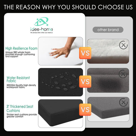 Comparison of high resilience foam and water-resistant fabric with thick seat cushions, highlighting features of outdoor chair cushions set of 2 thick 17 by 17 inch waterproof seat cushions with ties for patio furniture great for dining chairs built to last cozy comfort vibe weather resistant outdoor living.