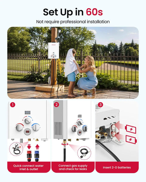 Woman setting up Propane Tankless Water Heater 1.58 GPM 41000 BTU Outdoor CSA Certified Instant Hot Water for Camping in yard