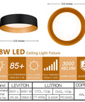 Specifications for Matte Black Flush Mount Ceiling Light With Gold Interior 12.5 Inch LED Fixture 18W 100W Equivalent