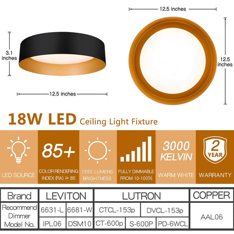 Specifications for Matte Black Flush Mount Ceiling Light With Gold Interior 12.5 Inch LED Fixture 18W 100W Equivalent