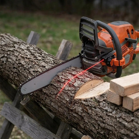 Laser Measuring Tool For Firewood And Chainsaw Work With Adjustable Log Length Guide For Quick Accurate Cuts No Fuss Setup Fewer Rechecks And Time Saving Outdoor Wood Cutting Marker Accessory For Efficient Firewood Prep on orange chainsaw