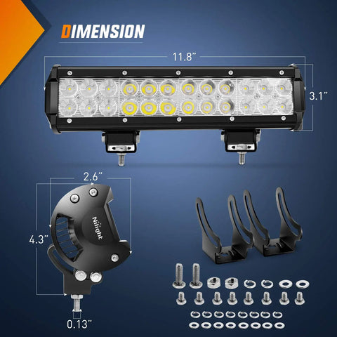 12 Inch 72W Spot Flood Combo LED Light Bar Kit With Two 4Inch 18W Flood Pods, mounting brackets, and screws