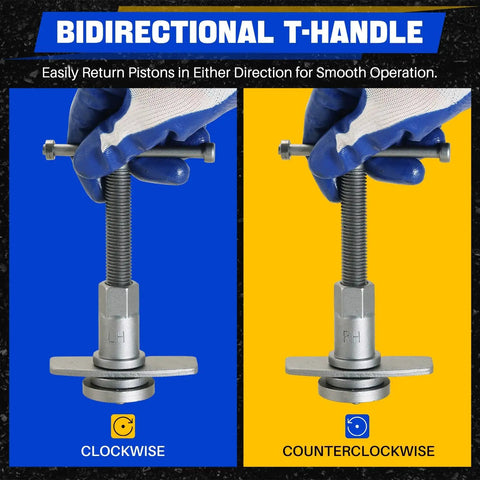 Close-up of bidirectional T-handle from 35 Piece Disc Brake Caliper Tool Kit With Heavy Duty Piston Caliper Compressor And 24 Adapters.