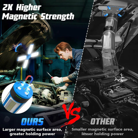 Comparison of rechargeable camping light with stand and detachable tripod versus competitor, showing magnetic strength.