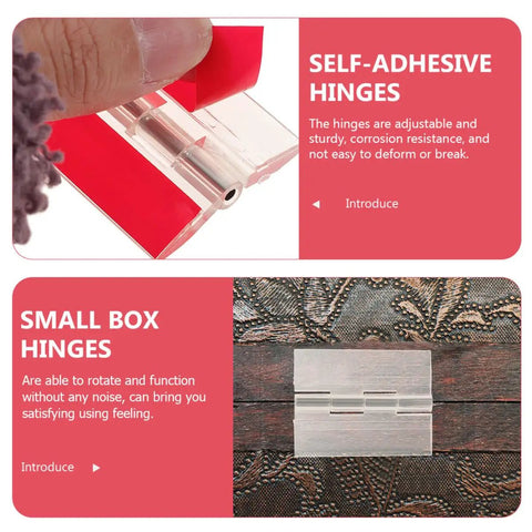 5 Pack Acrylic Self Adhesive Hinges 25x35mm Flush Hinges for Cabinet Doors shown with red adhesive backing