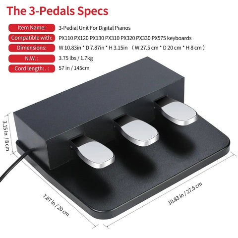 Portable 3 Pedal Unit For Digital Pianos With Soft Sostenuto And Sustain Pedals, Lightweight 3 Pedal Board, Plug And Play, Black