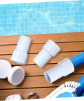 4 Piece Pool Vacuum Hose Cuffs Replacement Connectors Set For One And A Half Inch Spiral Hoses Durable Iron Thread Quick Connectors Air Line Adapters Hose Fittings And Plug Set White Pool Couplers For Inlet, white ABS hose cuffs with blue pool vacuum hose