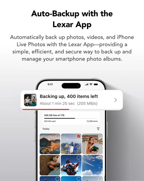 iPhone displaying Lexar app auto-backup feature, showing 400 items backing up with time estimate