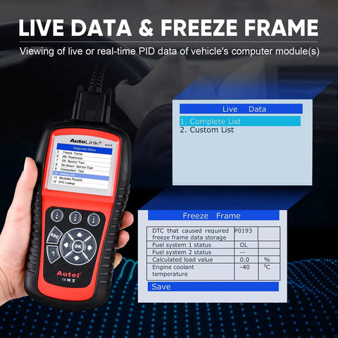 AutoLink AL619 Scanner displaying live data and freeze frame features for OBD2 cars from 1996 through 2015