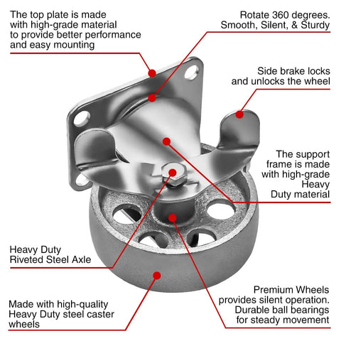 Close-up of Kickass Heavy Duty Steel Swivel Casters 4 Pack 3.5 Inch Wheels 350 Lbs Locking Brakes, featuring top plate and steel axle.