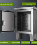 Heavy Duty 304 Stainless Steel Electrical Enclosure Box With Secure Safety Latch And Wall Mounting Plate, open view highlighting features.