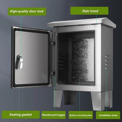 Heavy Duty 304 Stainless Steel Electrical Enclosure Box With Secure Safety Latch And Wall Mounting Plate, open view highlighting features.