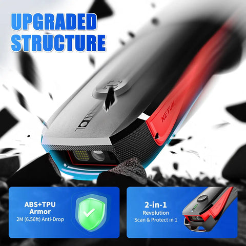 Bluetooth 2D QR Code Scanner With Zebra Scan Engine, Upgraded Wireless Barcode Reader shown in close-up with red accents.