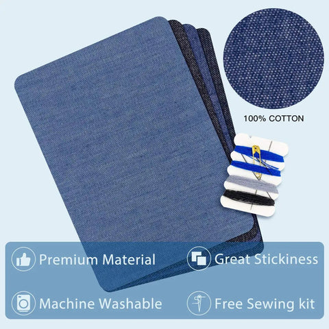 20 Pack Iron On Patches For Clothes Quick Jeans Repair No Sew Needed Fix Holes And Tears, close-up of denim fabric and sewing kit