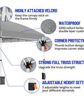 Features of a heavy duty 10 by 20 pop up canopy tent with strong truss structure, waterproof fabric, and adjustable height for big events.