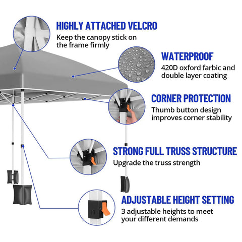 Features of a heavy duty 10 by 20 pop up canopy tent with strong truss structure, waterproof fabric, and adjustable height for big events.