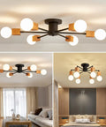 Rustic Wood Sputnik Ceiling Light Fixture With 6 Lights Semi Flush Mount Oak And Black Finish E26 Farmhouse Chandelier