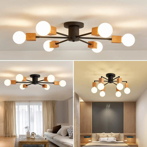 Rustic Wood Sputnik Ceiling Light Fixture With 6 Lights Semi Flush Mount Oak And Black Finish E26 Farmhouse Chandelier
