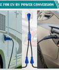 Road Ready Nema 14 To 50Y Splitter Cable 50 Amp 3 Foot Extension Cord for simultaneous RV EV charging connected to vehicle and RV.