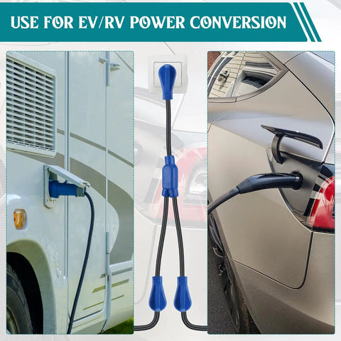 Road Ready Nema 14 To 50Y Splitter Cable 50 Amp 3 Foot Extension Cord for simultaneous RV EV charging connected to vehicle and RV.