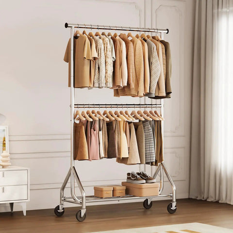 Kickass Durability Double Rod Clothes Rack, Rolling Garment Stand With Zero Hassle Setup, Heavy Duty Freestanding Closet Organizer For Bedroom Or Laundry, Space Savvy Two Tier Build In Sleek Silver