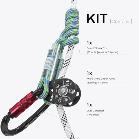 Slack Tending Pulley Kit For Doubled Rope Climbing DDRT System With Friction Hitch VT Prusik Pro Grade 24kN Twist Lock Oval Carabiner