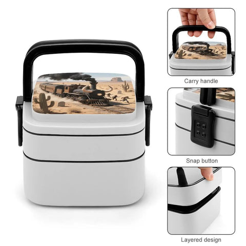 Desert Steam Train Themed Bento Box With Compartments Leakproof Double Layer Lunch Container With Spoon Snap On Lid Insulated Travel